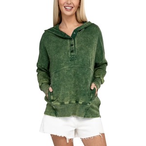 Sudadera con Capucha Personalizada en Color Carbón Oscuro con Lavado Ácido, 100% Algodón, para Hombre, Estilo Vintage, Sudadera con Capucha Personalizada en Verde con Lavado Ácido, para Mujer, Estilo Henley - Product Image 1