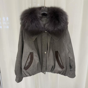 Hot Selling Women's Fashion Trend White Goose Down Liner Cropped <b>Suede</b> Leather <b>Jacket</b> Women With Big Fox Fur Collar - Product Image 1