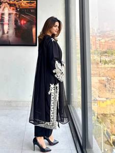 Women's Black Embroidered Kurta Set With <b>White</b> <b>Lace</b> Loose Fit Ankle-Length Traditional Indian Pakistani Wear All Seasons - Product Image 4