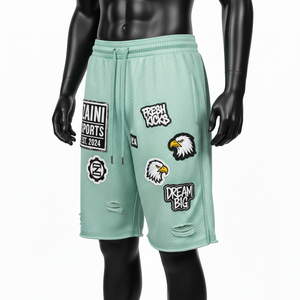 กางเกงขาสั้นกีฬาผ้าตาข่ายเนื้อนุ่มคุณภาพสูง 180GSM สีเขียวมิ้นท์ ปักโลโก้ด้วยเทคนิคฮีททรานเฟอร์ สำหรับออกกำลังกาย กางเกงขาสั้นตาข่ายผู้ชาย - Product Image 4