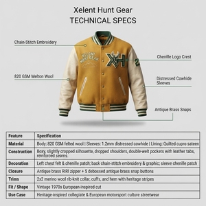 Veste varsity en laine Melton 820GSM de qualité supérieure, en cuir véritable, pour homme, style vintage Motorsport, veste Letterman, sur mesure OEM Xelent Hunt Gear - Product Image 5