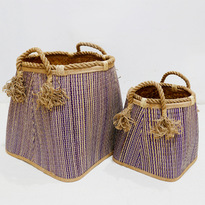 Paniers de rangement en rotin naturel rayé violet avec poignées, rectangulaires, style folklorique, multi-usages, décoration intérieure - Product Image 1