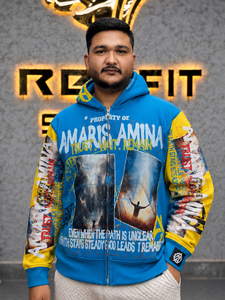 Sudadera con capucha y cremallera oversize con estampado gráfico para hombre, estilo urbano, azul y amarillo, corte regular - Product Image 4