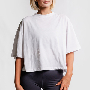 Unisex <b>White</b> Oversized <b>Crop</b> <b>Top</b> Crew Neck Short Sleeve Regular Fit Solid Color 100% Cotton Jersey Breathable Casual T-Shirt - Product Image 5