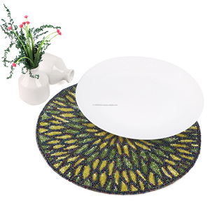 High Quality Handmade Embroidered Cloth Table <b>Chair</b> <b>Pads</b> Unique Leaf Design Glass Beads Luxury Style Available Wholesale Price - Product Image 3