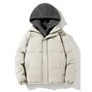 Wholesale HIGH STREET Style Mens Hooded Puffer <b>Jacket</b> Solid Color Knitted Shoulder Sleeve Zippered Front Waterproof 65% Winter - Product Image 5