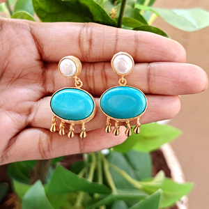 Handcrafted turquoise pearl chandelier <b>earring</b> 18k gold plated brass metal bezel set dangle pushback artisan fashion ear jewelry - Product Image 5