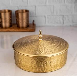 Decorative Brass <b>Spice</b> Organizer Handmade Indian Masala Box with Spoon Lid Kitchen Storage Restaurant Hotel Bulk Wholesale - Product Image 1