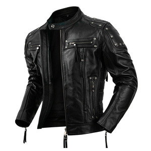 Blouson de moto en cuir véritable noir pour homme, col montant, fermeture éclair, style motard, coupe ajustée, coupe-vent, pour l'automne - Product Image 5