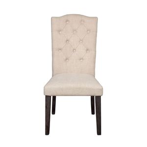 <b>Set</b> of 2 Beige and Weathered Espresso <b>Linen</b> Upholstered Dining Chairs with Tufted Back - Product Image 4