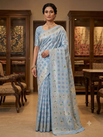 Sari en soie BANARASI KATAN bleu clair, longueur ras du sol, broderie florale, motifs paon, tenue traditionnelle indienne pour mariage, pour femme, livraison rapide