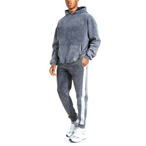 Men's Gray Acid Washed Cotton Hoodie <b>Tracksuit</b> Full Sleeve Loose Fit Casual Autumn Wear With Side Pockets And <b>White</b> Stripe Pants - Product Image 1