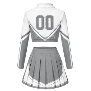 Ensemble uniforme de cheerleading gris et blanc sublimé à manches longues avec jupe plissée – Tenue de sport d'équipe pour entraînement et performance – Personnalisable - Product Image 3