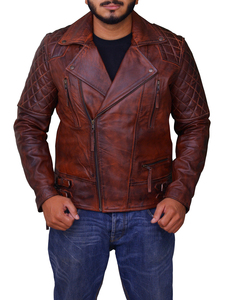Blouson matelassé vintage en cuir de vachette pour homme, style motard urbain, imperméable, écologique, ciré et délavé, rouge et noir - Product Image 2