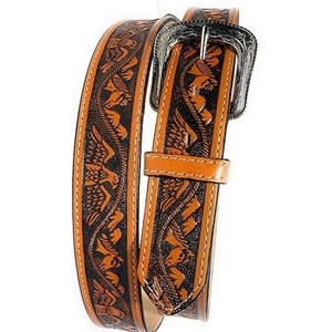 Cinturón de cuero clásico para hombre, tallado a mano, de grano completo, estilo western, con hebilla de latón grabada con motivos florales. - Product Image 5