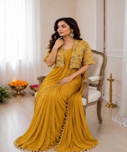 Yellow <b>Saree</b> <b>With</b> Embroidered <b>Jacket</b> Women's Traditional Wedding Ethnic Wear Floor Length Regular Fit Ready To Wear 82846 BB-59 - Product Image 2