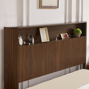 Extra Long (Full XL) Wooden Bed Frame with <b>Storage</b> Headboard and Charging Station Wavy Curved Lines Design Silent <b>Opening</b> - Product Image 5