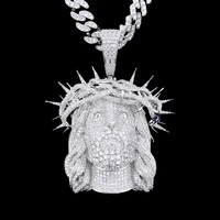 Pendentif Visage de Jésus Hip Hop en Argent 925 Plaqué Rhodium, Couronne d'épines, Micro-incrustation, Taille Brillant, Sertissage à griffes, Breloque Unisexe pour Fête