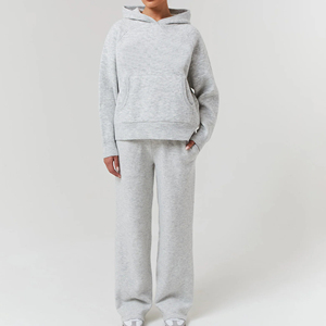 Ensemble de survêtement 2 pièces pour femme, pull oversize d'hiver avec logo personnalisé, motif uni décontracté, 100% coton - Product Image 4