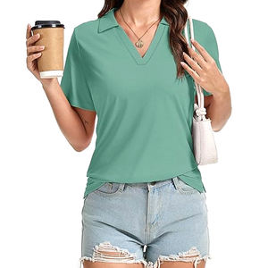 Polo T-shirt pour filles à prix avantageux, en gros, uni, 100% coton, col en V, T-shirt personnalisé pour femmes, décontracté, manches courtes - Product Image 5