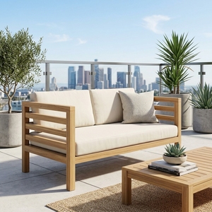 Modern Solid <b>Wood</b> Double <b>Sofa</b> Elegant Slatted <b>Frame</b> 2 Seater Loveseat Couch <b>For</b> Rustic Living Room Setup Art Design Pure Art Set - Product Image 4