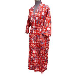 Robe kimono d'été pour femme, faite à la main, 100% coton, col en V, ceinture, manches longues, imprimé floral, séchage rapide, respirante - Product Image 2