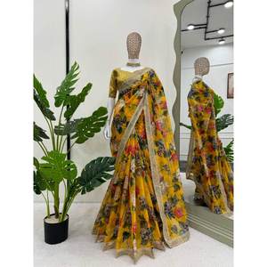 DESIGNER TABBY FIL DE SOIE SEQUENCE IMPRIMÉ TRAVAIL SAREE AVEC CHEMISIER NON COUDU JAUNE - Product Image 1