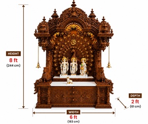 Big Size Traditional Teak Wood <b>Mandir</b> Heavy Carved Peacock Durable Pooja <b>Mandir</b> Om Design Prayer Shrine USA Villa - Product Image 3