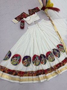 Ensemble Lehenga Choli pour femme, blanc, brodé, en pur coton, longueur ras du sol, séchage rapide, style indien pakistanais, richement brodé, pour mariage et fête - Product Image 5