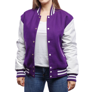 Women's Street Style Varsity <b>Jacket</b> Polyester/Cotton Knitted Breathable Body Regular Sleeves Cotton Filled Sheep Skin <b>Leather</b> - Product Image 1