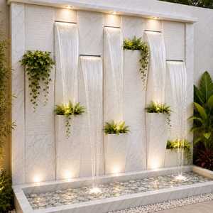 Fontaine murale moderne en marbre pour jardin extérieur, avec cascade à plusieurs niveaux et lames d'eau en verre illuminées - Product Image 4
