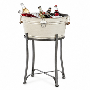 Farmhouse White Galvanized Beverage Tub with Iron Stand Vintage Metal Ice Bucket Outdoor Party Wine <b>Cooler</b> <b>Drink</b> Holder - Product Image 1