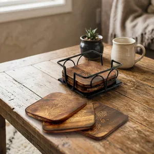 <b>Walnut</b> Wood Coasters Set of 4 Square Wooden Drink Coasters with Metal Holder Handmade <b>Table</b> Decor Wooden Coaster For Tea <b>Coffee</b> - Product Image 6