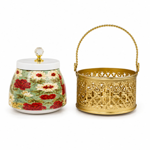 Decorative Modern Iron Printed Pichwai Dry Fruit <b>Jar</b> Crystal Knob Lid Filigree Metal Holder for Diwali Wedding Festive Gifting - Product Image 4