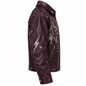 <b>Purple</b> <b>Mens</b> Leather Jacket Rock Bat Graphic Studded Lapel Collar Biker Coat Custom OEM ODM Factory Wholesale Production Offer - Product Image 3