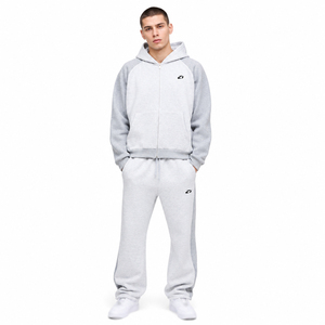 Survêtement Homme en Mélange de Coton, Ensemble Deux Pièces à Capuche Entièrement Zippé, Pantalon de Survêtement Coupe Droite, Bicolore Raglan, Broderie Logo Personnalisée, Vente en Gros - Product Image 1