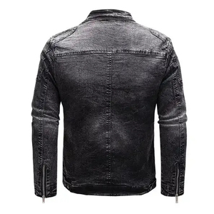 Blouson universitaire en jean noir DENIMGUYS – Vente en gros, streetwear vintage pour hommes, impression délavée personnalisée, coupe décontractée ample - Product Image 3