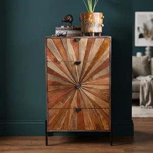 Armoire de rangement vintage en bois de sheesham et de mangue à quatre tiroirs avec motif soleil couchant, commode rustique multicolore pour chambre à coucher ou salon - Product Image 4