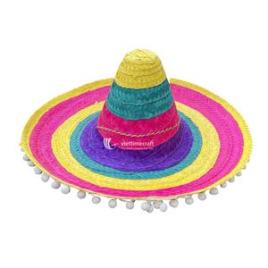 Teal Raffia <b>Straw</b> Sombrero with White Pom Poms Adjustable Unisex Adult Party <b>Hat</b> - Product Image 4