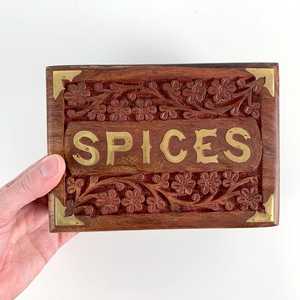 Handmade Vintage Wooden Spice <b>Box</b> with Brass Inlay Hand-Carved Floral Storage <b>Box</b> Rustic Kitchen, Collectible Wooden Home Accent - Product Image 1