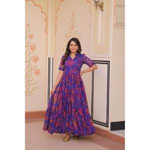 Hermoso Vestido de Línea A para Fiestas, Cómodo, con Cintura Imperio, de Gasa con Estampado Floral Elegante - Product Image 2