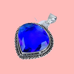 Pendentif en saphir bleu en forme de cœur, argent sterling 925, pendentif artisanal en pierres précieuses, bijoux vintage, cadeau d'anniversaire pour femmes - Product Image 4
