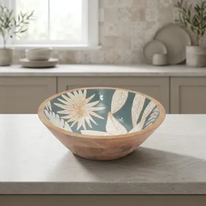 Handcrafted <b>Mango</b> <b>Wood</b> <b>Bowl</b> with Blue Floral Enamel Interior Decorative Wooden Serving <b>Bowl</b> Leaf Design Rustic Home Decor - Product Image 2