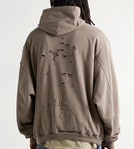 Sudadera con Capucha para Hombre, Personalizada con Logotipo, 100% Algodón, Invierno, Cierre de Cremallera, Hombros Caídos, Mangas Desgastadas, Talla Grande - Product Image 6