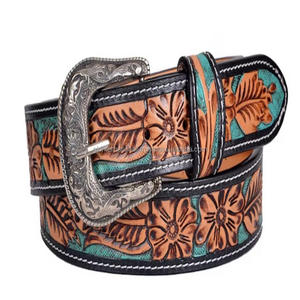 Ceinture en cuir western pour homme, sculptée à la main, avec des motifs floraux gravés, avec une boucle en cuivre antique de style designer - Product Image 4