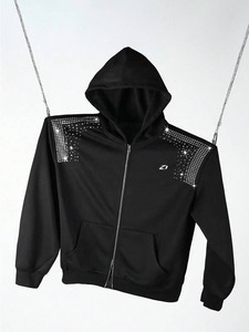 Sweat-shirts à capuche zippés pour hommes en molleton de coton épais avec détail strass sur l'épaule, coupe oversize, style streetwear, production sous marque privée - Product Image 4
