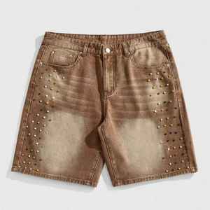 Shorts en jean pour homme, coupe ample, bleu foncé, respirant, style streetwear vintage, délavage léger, personnalisable - Product Image 1