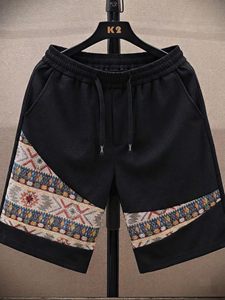 Shorts Bermuda Homme Noir Patchwork avec Cordon de Serrage, Imprimé Tribal, Style Décontracté, Broderie, Toile 100% Polyester - Product Image 3