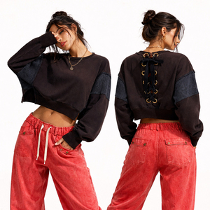 Custom 2026 Women Cropped Sweatshirt Lace Up <b>Back</b> Pullover Casual Streetwear Top Loose Long Sleeve Fashion Hoodie - Product Image 1