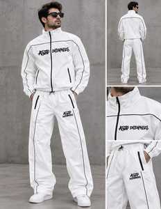 Ensemble de survêtement unisexe imperméable coupe-vent d'hiver style streetwear, veste zippée en nylon blanc et pantalon léger avec poches latérales - Product Image 3
